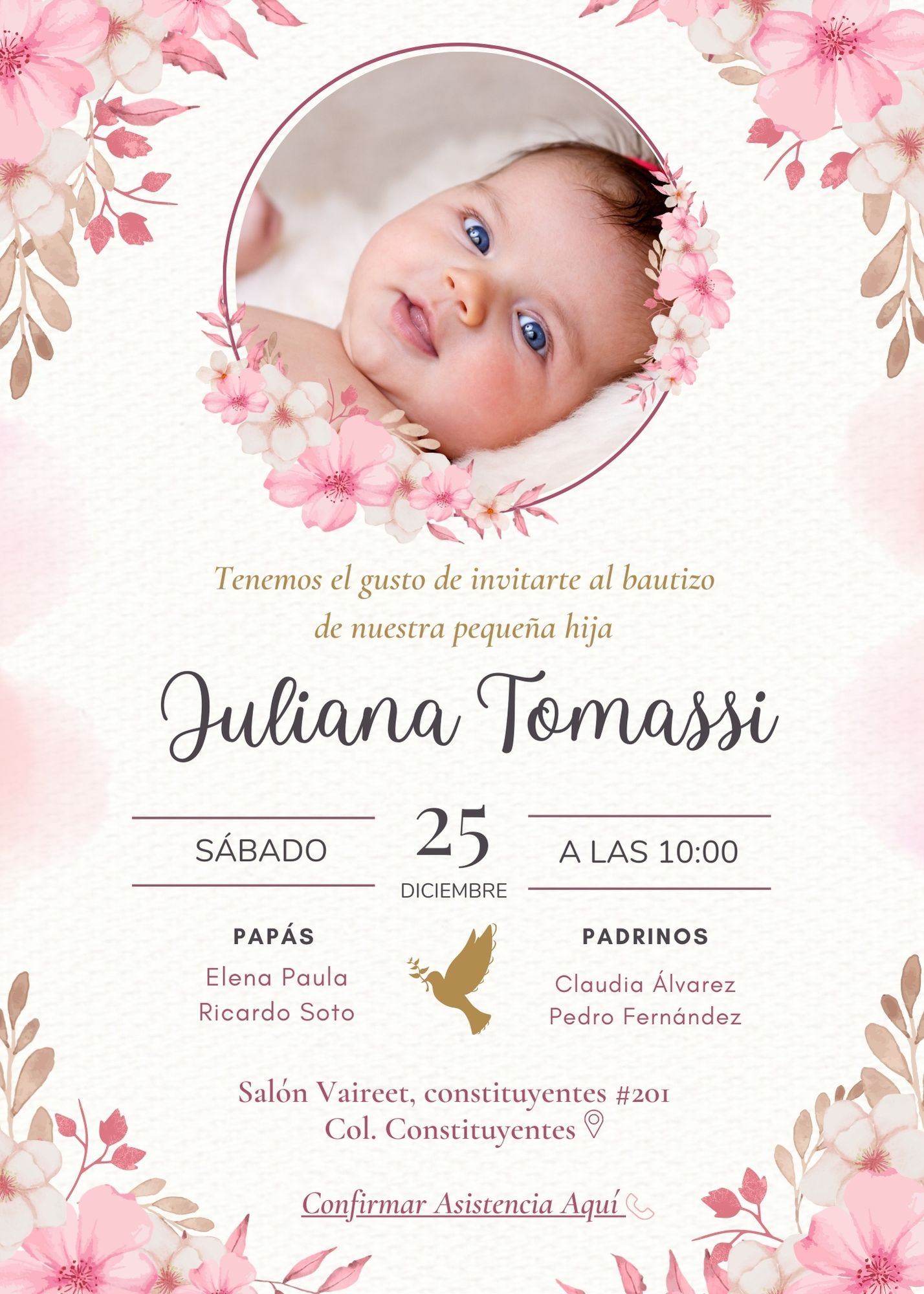 Invitación Vertical Bautizo Floral Rosa y Marrón (1)